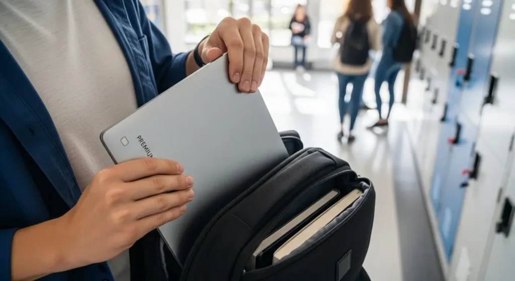 持ち運びに便利な軽量ノートパソコンを収納する大学生