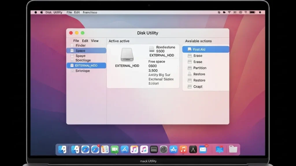 Macのディスクユーティリティで外付けドライブの状態を確認する様子