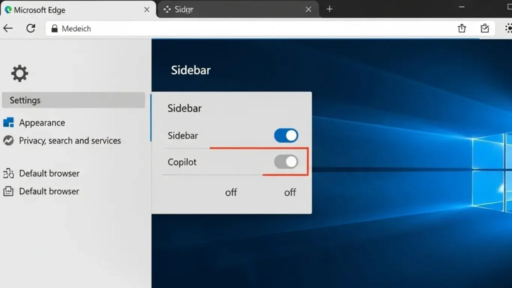 Microsoft Edgeの設定でサイドバーのCopilotをオフにする操作