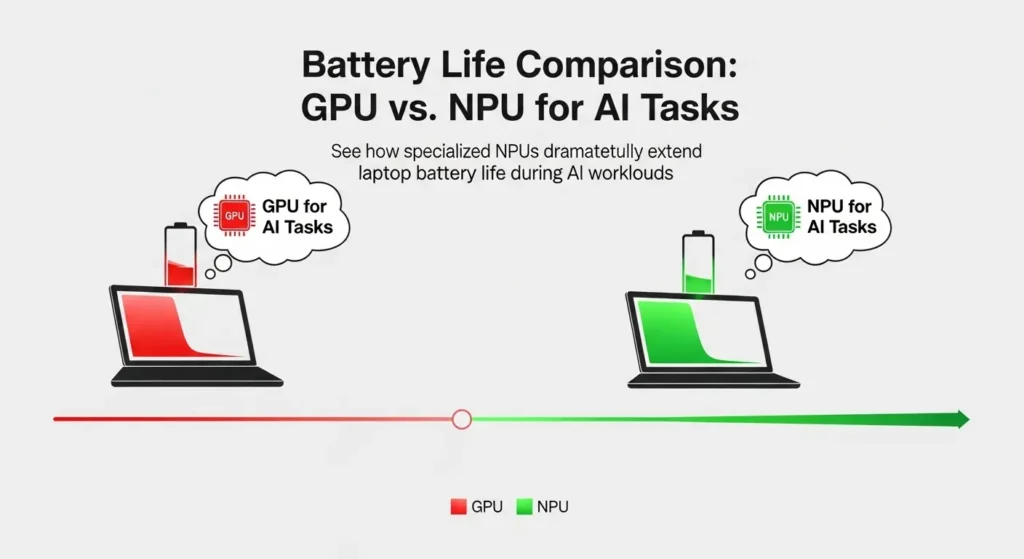 NPU利用による消費電力削減とバッテリー持続時間の向上イメージ
