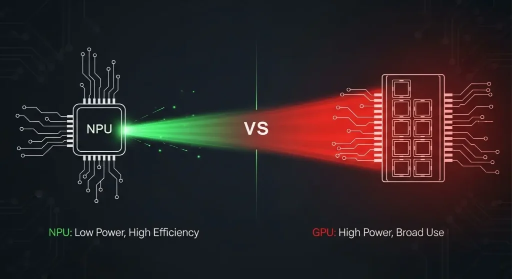 NPUとGPUのAI処理における消費電力効率の比較模式図