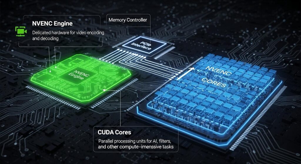 GPU内部のNVENCとCUDAコアの役割分担図