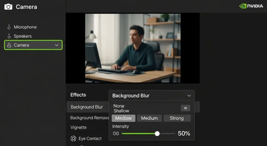 NVIDIA Broadcastのカメラ設定と背景ぼかしエフェクトの選択画面