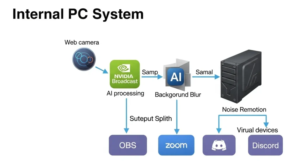NVIDIA Broadcastの信号の流れと各アプリへの仮想接続図