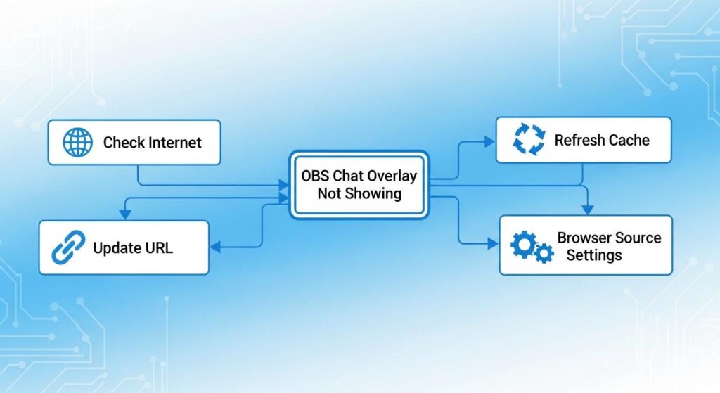 OBSでコメントが表示されない時のトラブルシューティング手順図