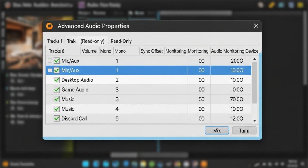 OBSのオーディオの詳細プロパティでのトラック割り当て画面