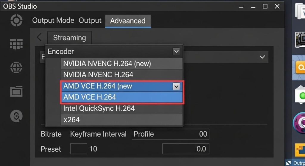 OBSの出力設定画面におけるエンコーダ選択の様子