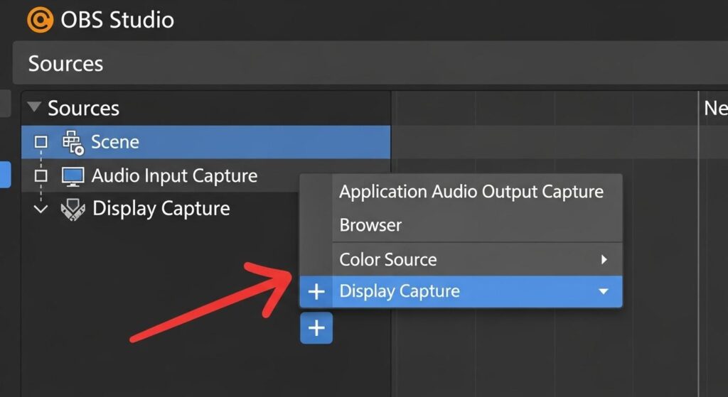 OBS Studioのソースパネルとキャプチャ項目の選択肢
