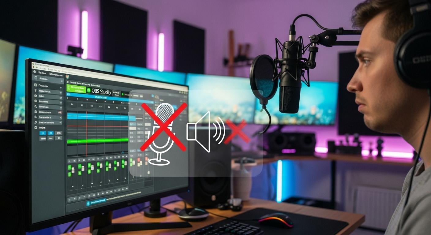 OBS Studioで音声が入らないトラブルに悩む配信者のイメージ