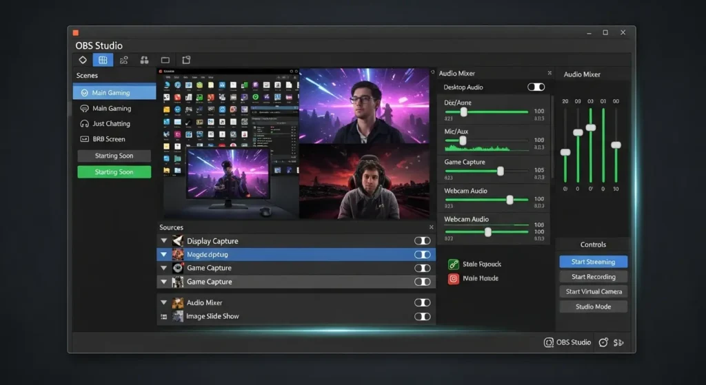 OBS Studioのメイン操作画面とミキサー設定