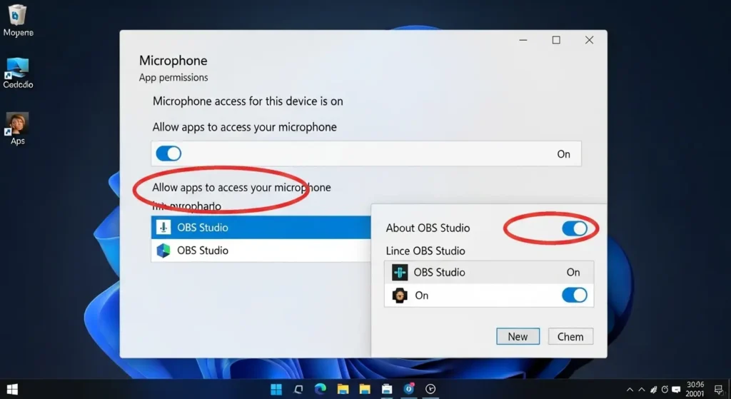 Windowsのマイクプライバシー設定とOBSのバージョン情報の確認画面
