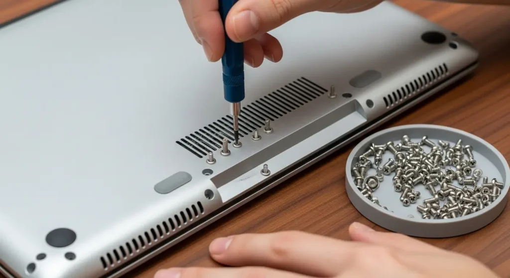 ノートパソコンの底面カバーを開ける作業