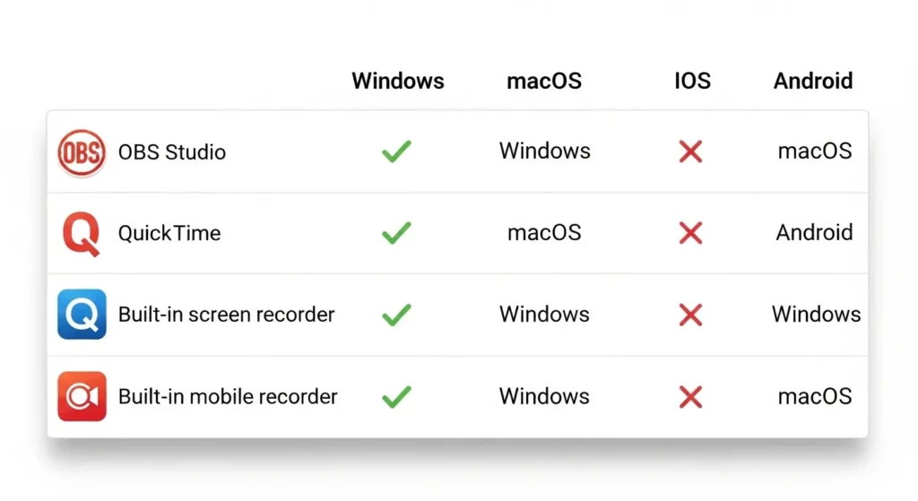 Windows、macOS、スマホ別の画面録画ソフト対応表