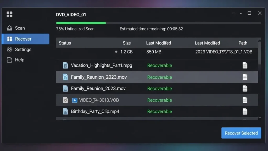 パソコンで未ファイナライズDVDをスキャンするソフトウェア画面