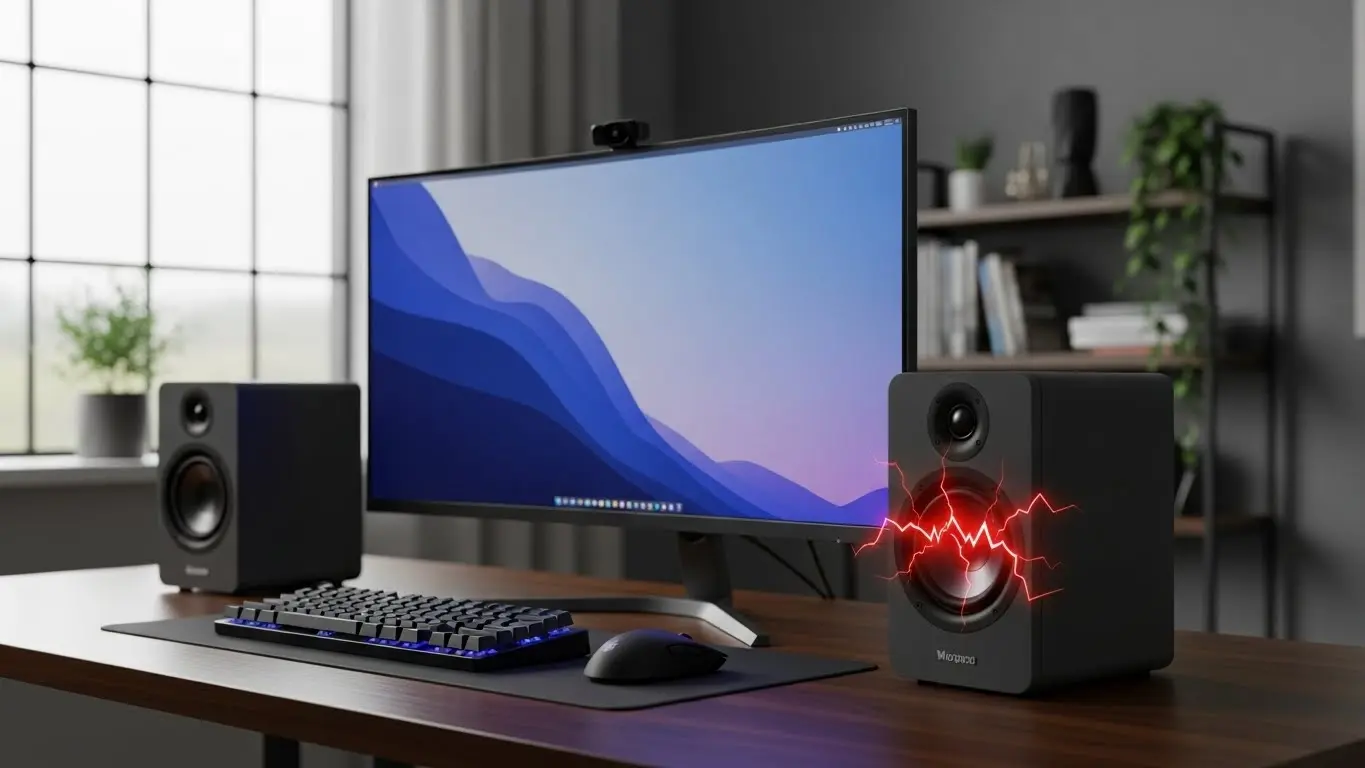 パソコンの横に設置されたスピーカーから音割れが発生しているイメージ図