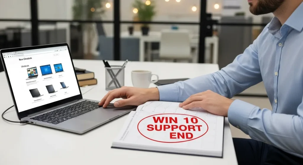 Windows 10サポート終了に備えて新しいPCを検討するビジネスマン