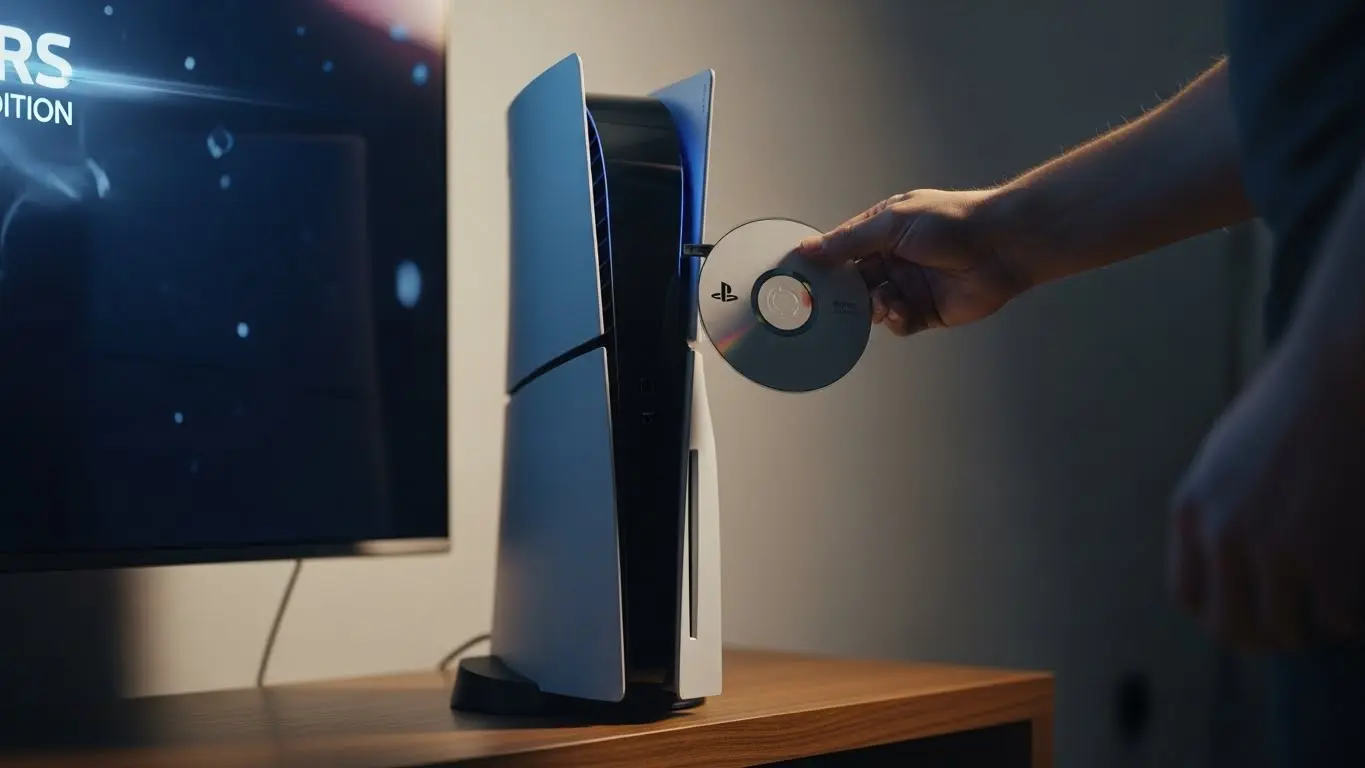 PS5のディスクドライブにDVDを挿入しようとしている様子