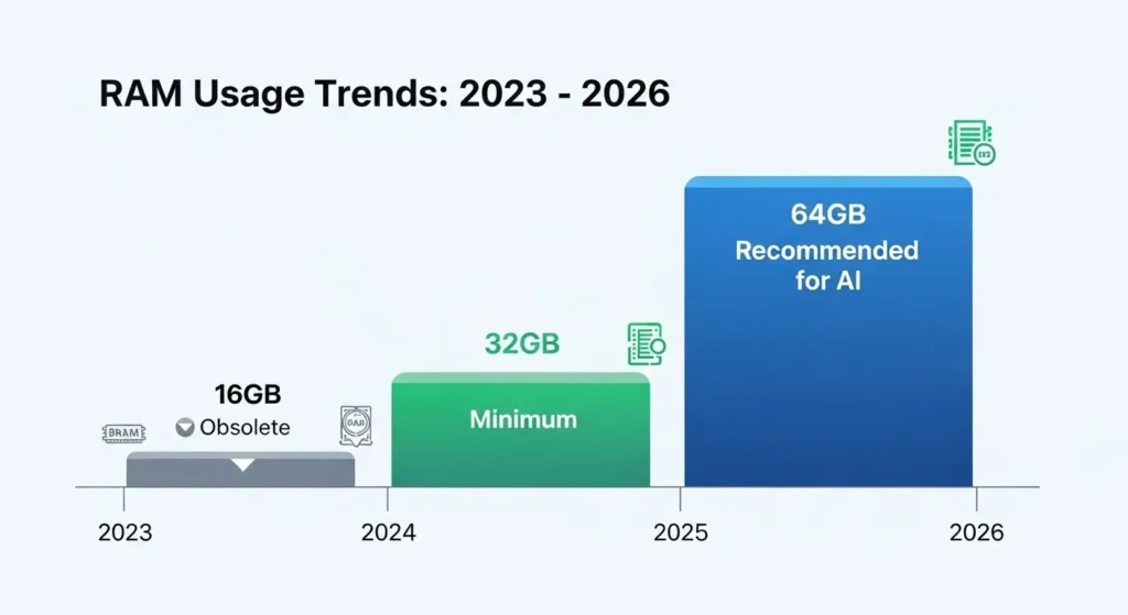 2023年から2026年にかけての推奨メモリ容量の推移グラフ