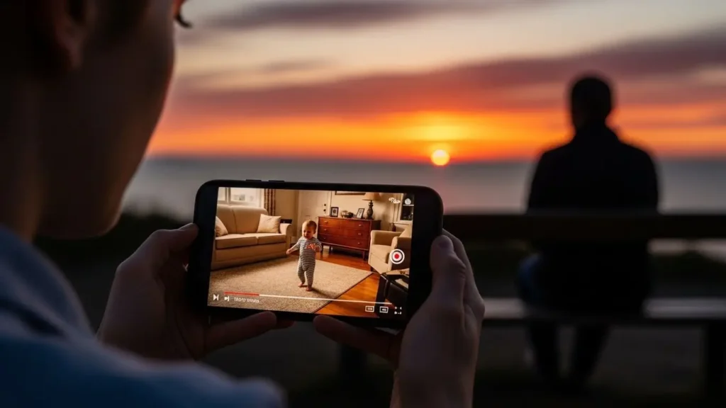 復元されたDVDの映像をスマホで見る親子の様子