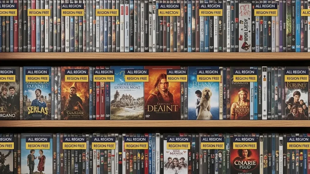 リージョンフリーのDVDパッケージが並ぶ棚