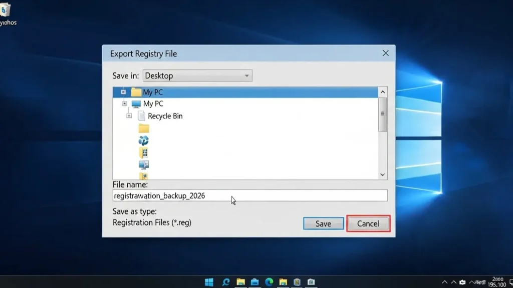 レジストリのバックアップをエクスポートして保存する手順
