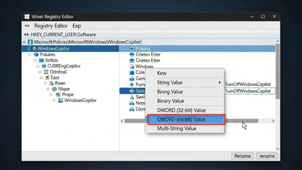 レジストリエディターでCopilotを無効化するための値を作成する画面