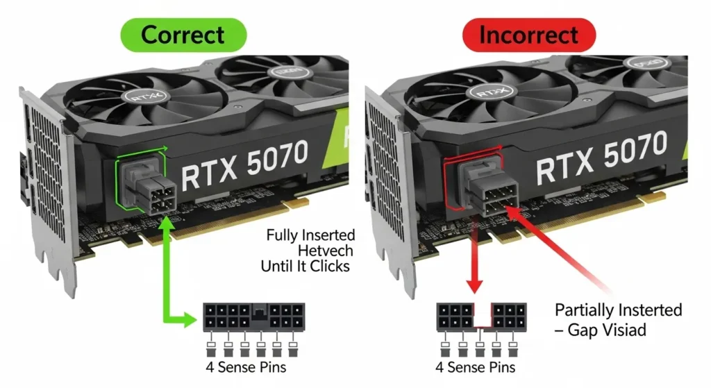 RTX 5070の12V-2x6補助電源コネクタの正しい接続方法