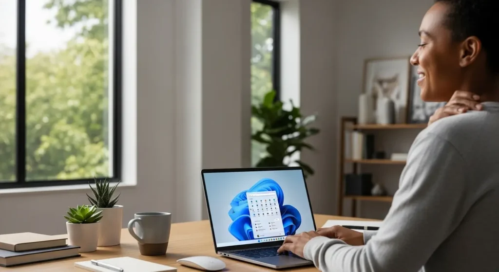 Windows 11へ移行し安心して作業するユーザーの様子