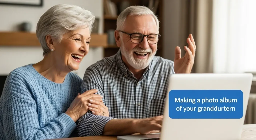 音声操作で家族のアルバム作成をAIに頼むシニア世代の様子