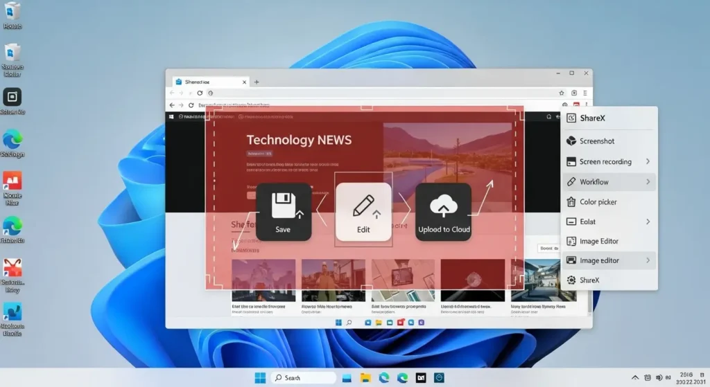ShareXのメイン画面と領域選択キャプチャの実行イメージ