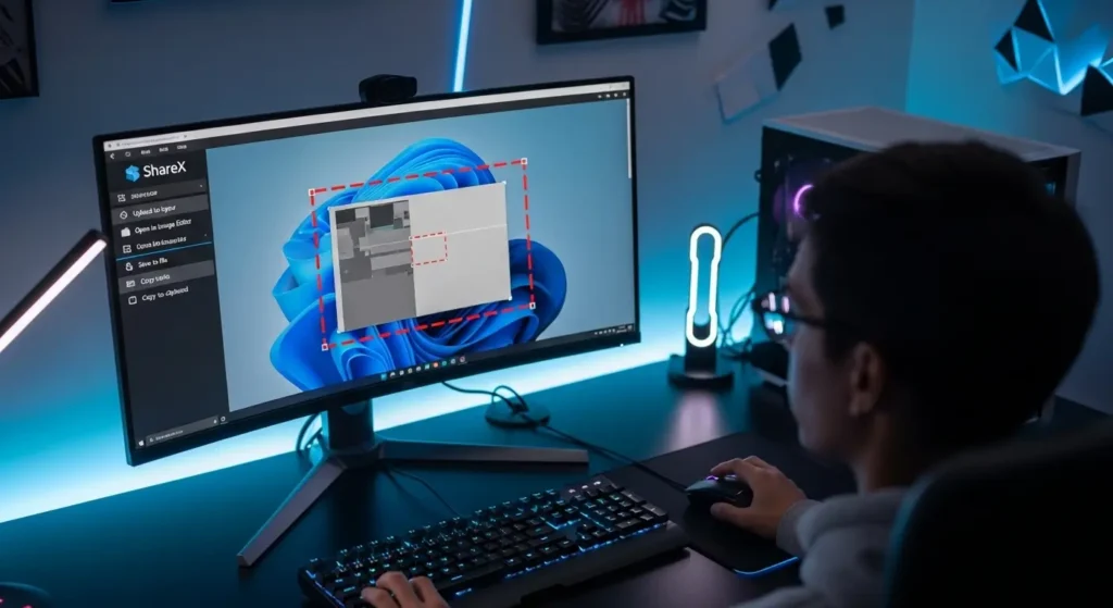 ShareXのインターフェースと領域選択キャプチャの様子