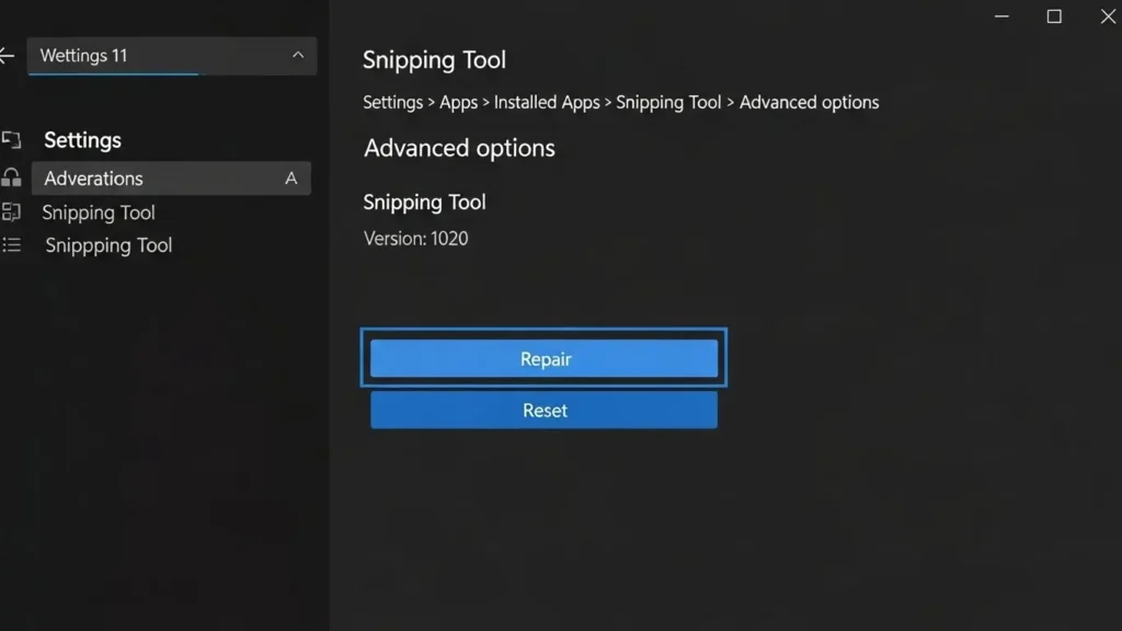Snipping Toolのアプリ修復およびリセットボタンがある設定画面
