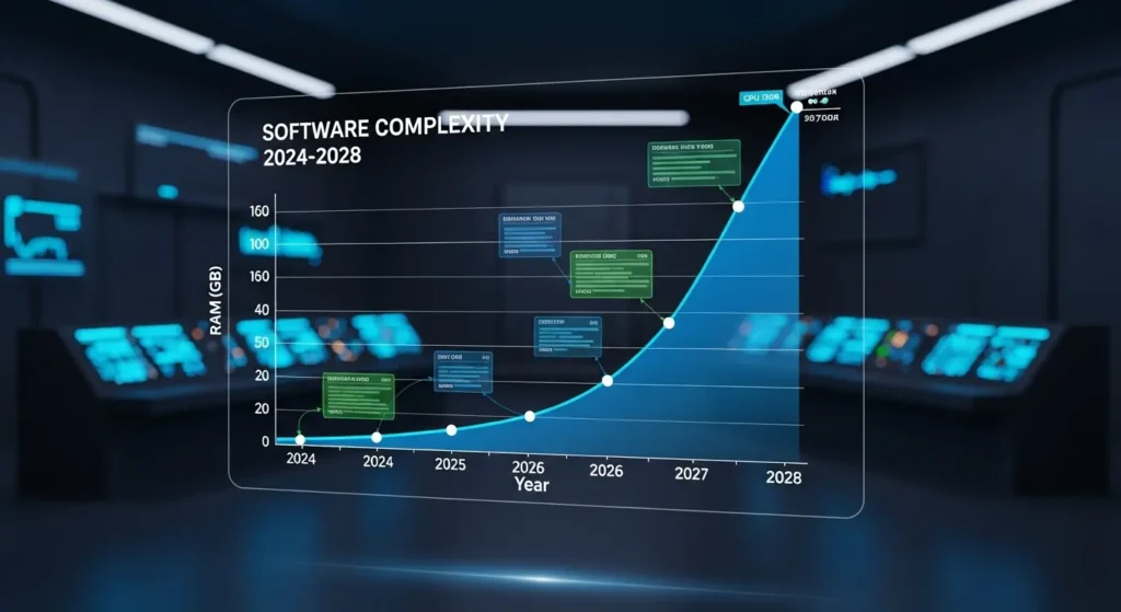 ソフトウェアの複雑化と必要メモリ量の予測ロードマップ