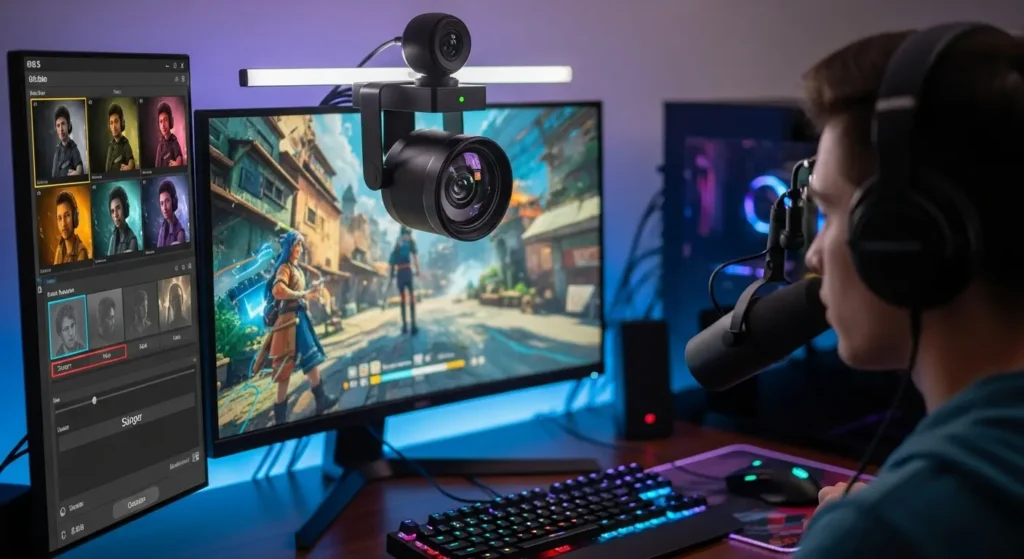 OBS Studioを使用してライブ配信を行うゲーマーのデスク
