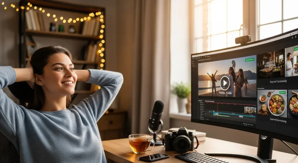 録画と編集を終え、YouTubeに動画を公開する準備ができたクリエイター