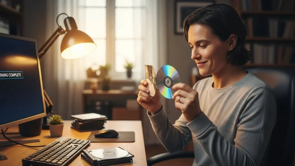 DVDの書き込みに成功して喜ぶユーザーの様子