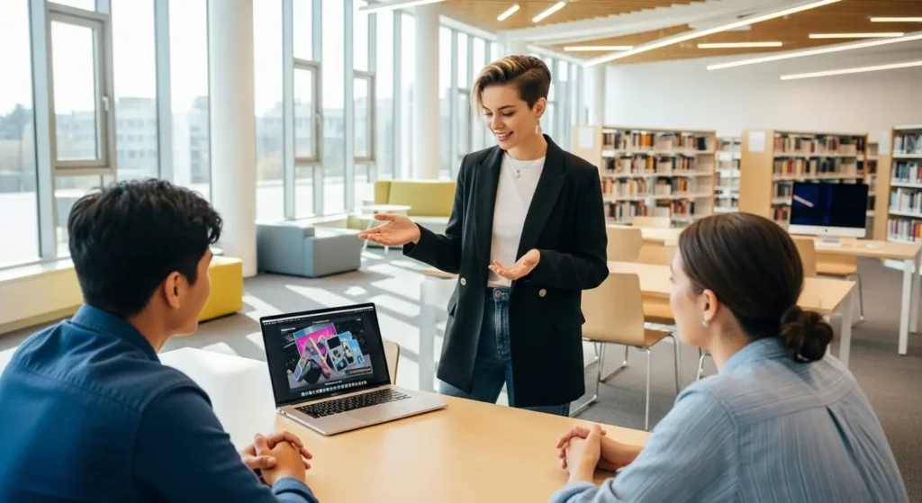 大学でのプレゼンや共同作業にAI PCを活用する様子