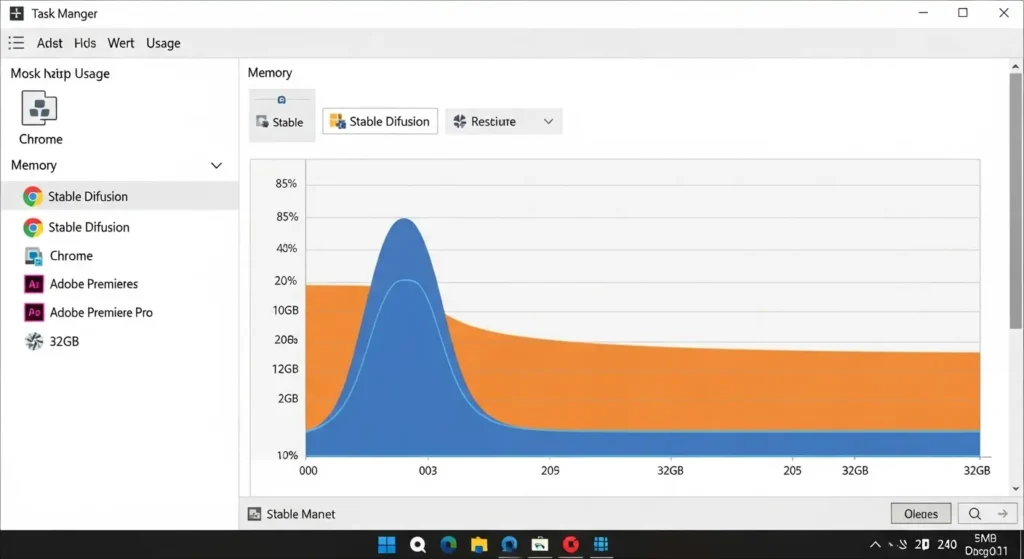 高負荷作業時のタスクマネージャーにおけるメモリ使用量画面