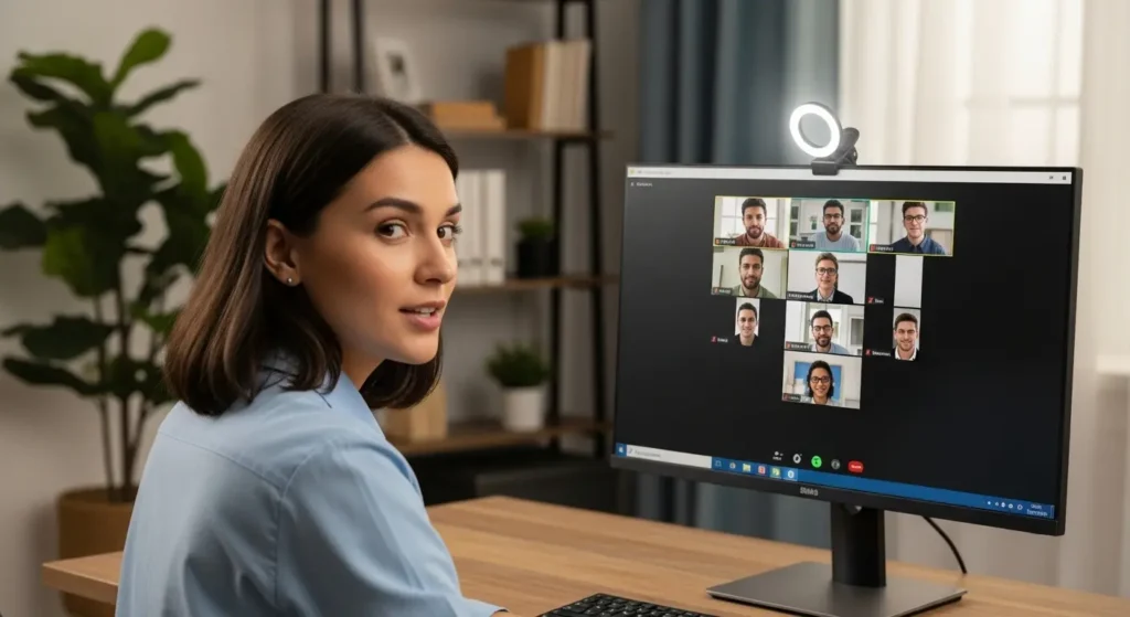 テレワークでZoom会議に参加する女性とWebカメラの様子