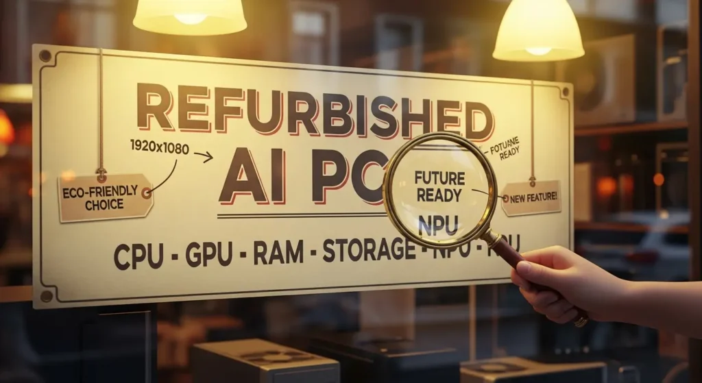 中古パソコンショップでAI PCのスペック（NPUの有無）を確認する様子