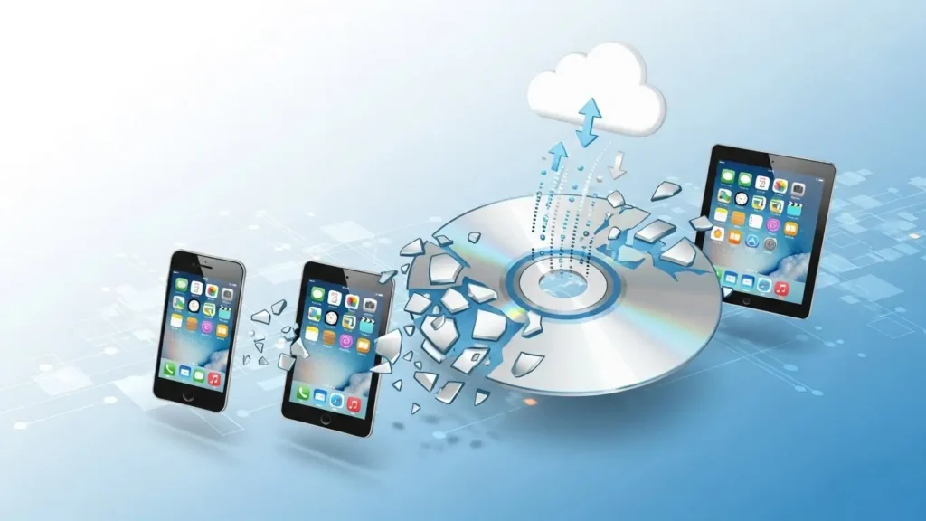 DVDがデジタル化され様々なデバイスに飛んでいくイメージ