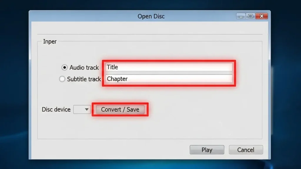 VLCで特定のチャプターを指定して変換する設定画面