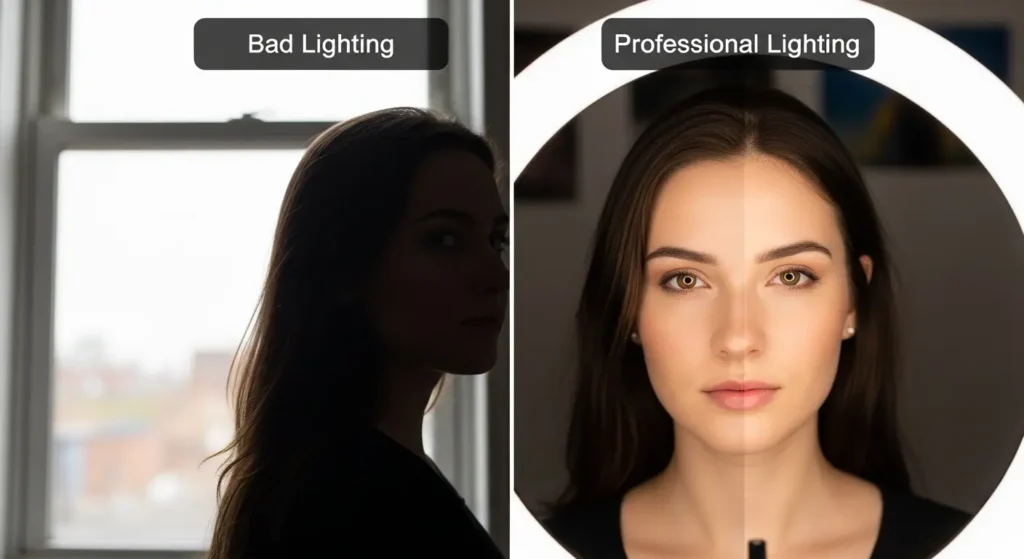 テレワークでのWebカメラ用ライティングのビフォーアフター
