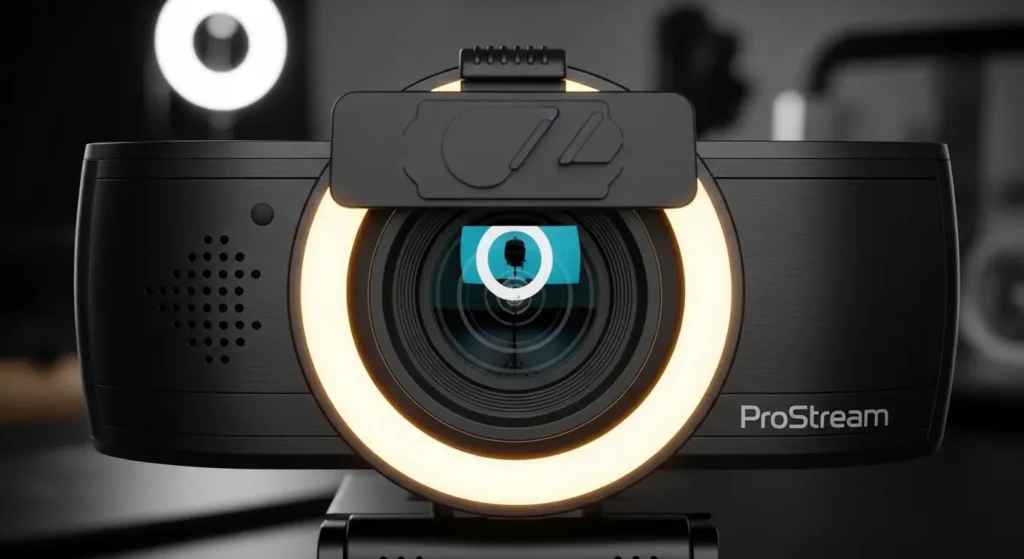 物理シャッターとLEDインジケーターを備えたWebカメラのクローズアップ