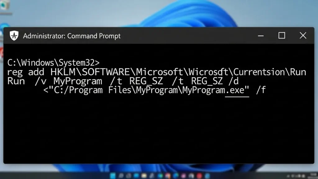コマンドプロンプトにレジストリ変更コマンドを入力している画面