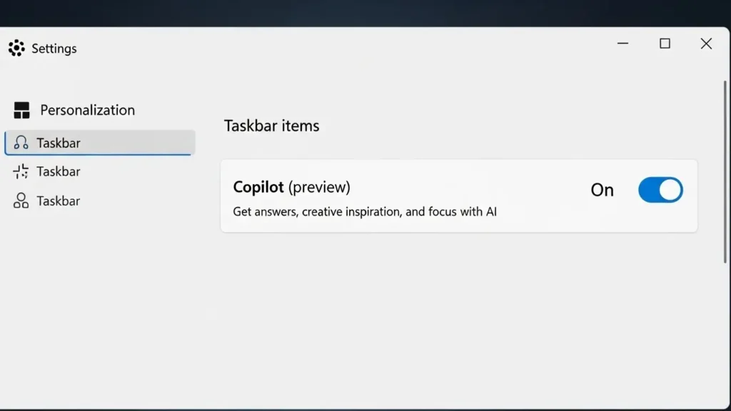 Windows 11のタスクバー設定画面にあるCopilotのオンオフスイッチ