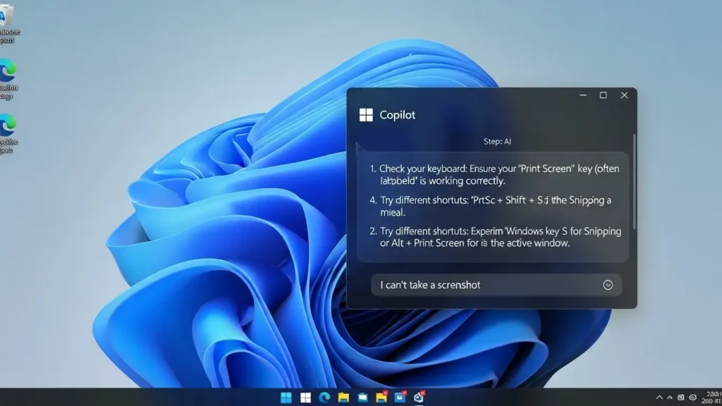 Copilotにスクリーンショットの不具合を相談して診断を受けている様子