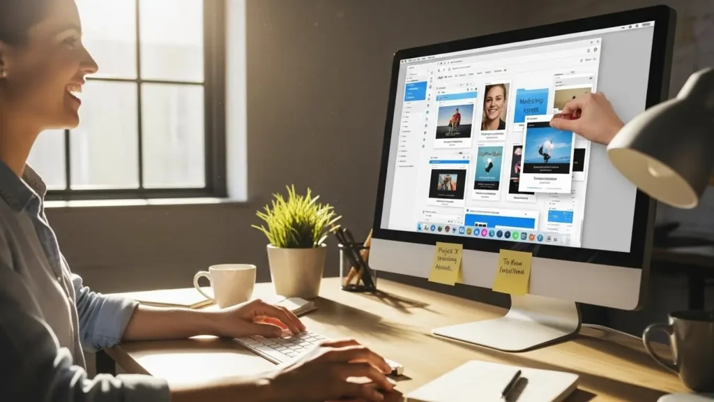 PCの画面上でスクリーンショット画像を整理して効率化している様子
