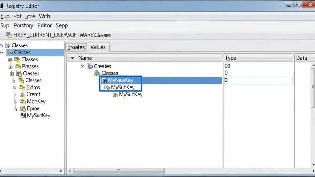 レジストリエディターで新しいキーと値を作成する手順の図解