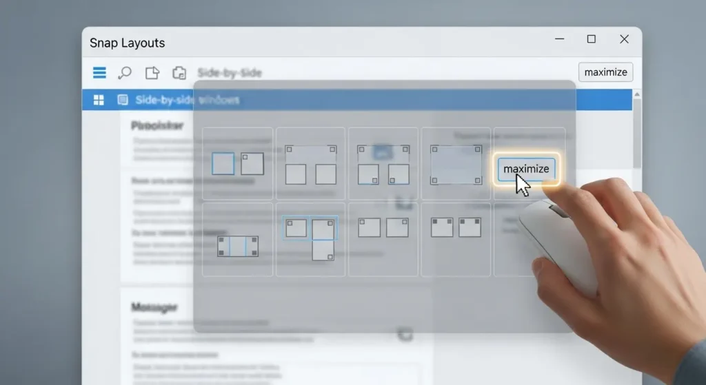 スナップレイアウトでウィンドウを分割・整列する様子